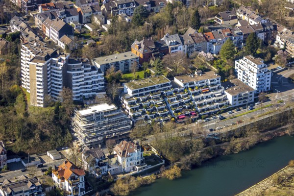 Aerial photo, new construction terrace house with Ruhr view, high-rise building Ruhrblkick, Linksruhr, Mülheim an der Ruhr, Ruhr area, North Rhine-Westphalia, Germany, Mülheim, an, der, Ruhr, DE, Europe, birds-eyes, view, aerial photograph, aerial photography, aerial photography, overview, overview, bird's eye view, living, flat, houses, residential buildings, housing estate, settlement