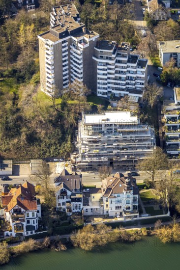 Aerial photo, new construction terrace house with Ruhr view, high-rise building Ruhrblkick, Linksruhr, Mülheim an der Ruhr, Ruhr area, North Rhine-Westphalia, Germany, Mülheim, an, der, Ruhr, DE, Europe, birds-eyes, view, aerial photograph, aerial photography, aerial photography, overview, overview, bird's eye view, living, flat, houses, residential buildings, housing estate, settlement