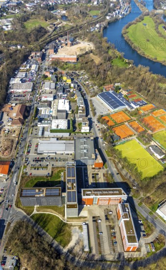 Aerial view, new office building ALDI SÜD, head office ALDI SÜD Düsseldorfer Straße, Kahlenberger Hockey und tennisclub, Linksruhr, Mülheim an der Ruhr, Ruhr area, North Rhine-Westphalia, Germany, Mülheim, an, der, Ruhr, DE, Europe, birds-eyes, view, aerial view, aerial photography, aerial photography, overview, overview, bird's eye view, office, service, workplaces, gymnastics, sports, ball sports, fitness, exercise, athletics, hockey, hockey field, hobby, training, team, championship, clay court, tennis, tennis playing, tennis club
