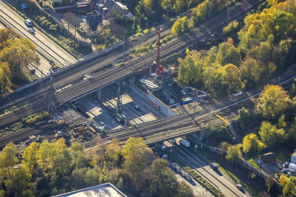 Aerial view, construction site, railway bridges after tanker fire, motorway A40, Styrum, Mülheim an der Ruhr, Ruhr area, North Rhine-Westphalia, Germany, construction work, construction area, construction site, construction crane, construction measure, bridge, DE, railway bridge, renovation, Europe, aerial view, aerial photography, aerial photography, aerial photography, renovation, closure, overview, tanker accident, bird's eye view, birds-eyes view, overview