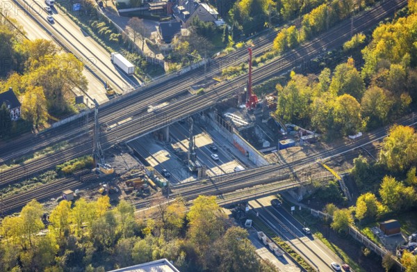 Aerial view, construction site, railway bridges after tanker fire, motorway A40, Styrum, Mülheim an der Ruhr, Ruhr area, North Rhine-Westphalia, Germany, construction work, construction area, construction site, construction crane, construction measure, bridge, DE, railway bridge, renovation, Europe, aerial view, aerial photography, aerial photography, aerial photography, renovation, closure, overview, tanker accident, bird's eye view, birds-eyes view, overview