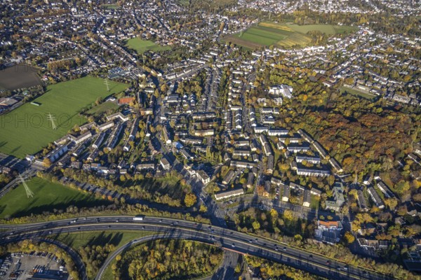 Aerial view, residential area Dümpten, motorway A40, retirement home Haus Auf dem Bruch, sports field Schildberg, Dümpten - West, Mülheim an der Ruhr, Ruhr area, North Rhine-Westphalia, Germany, retirement home, old people's home, care and nursing, DE, Europe, football pitch, football stadium, aerial view, aerial photography, aerial photography, care facility, retirement home, retirement residence, retirement home, senior centre, sports, sports facilities, sports field, sports facility, overview, bird's eye view, birds-eyes view, overview