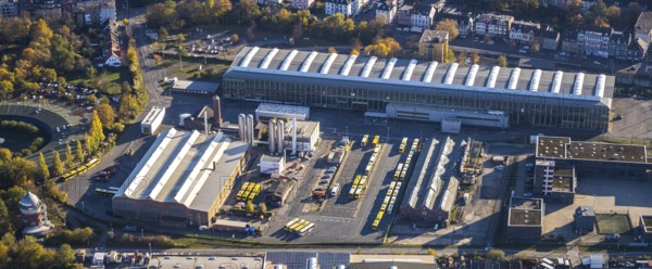 Aerial photograph, Depot Ruhrbahn GmbH, Alte Dreherei, Broich - Ost, Mülheim an der Ruhr, Ruhr area, North Rhine-Westphalia, Germany, DE, Europe, main workshop, aerial photograph, aerial photography, aerial photography, overview, bird's-eye view, overview