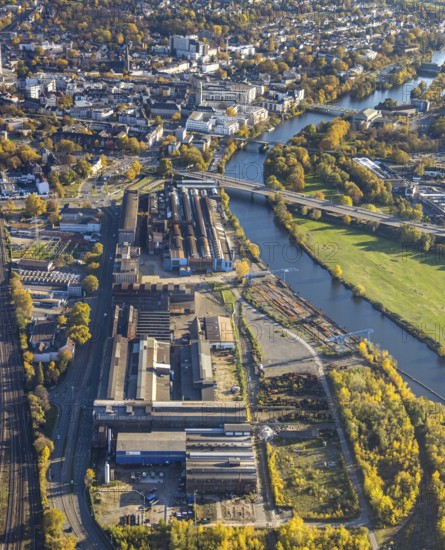 Aerial view, Friedrich Wilhelms-Hütte Stahlguss, river Ruhr, Altstadt II, Mülheim an der Ruhr, Ruhr area, North Rhine-Westphalia, Germany, DE, Europe, Friedrich-Ebert-Straße, commercial enterprises, commercial area, commercial park, commercial location, commercial use, industrial area, industrial building, industrial location, aerial view, aerial photography, aerial photography, Stahlgroßhandel Schulte, overview, bird's eye view, birds-eyes view, overview