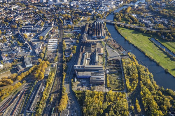 Aerial view, Friedrich Wilhelms-Hütte Stahlguss, river Ruhr, Altstadt II, Mülheim an der Ruhr, Ruhr area, North Rhine-Westphalia, Germany, DE, Europe, Friedrich-Ebert-Straße, commercial enterprises, commercial area, commercial park, commercial location, commercial use, industrial area, industrial building, industrial location, aerial view, aerial photography, aerial photography, Stahlgroßhandel Schulte, overview, bird's eye view, birds-eyes view, overview