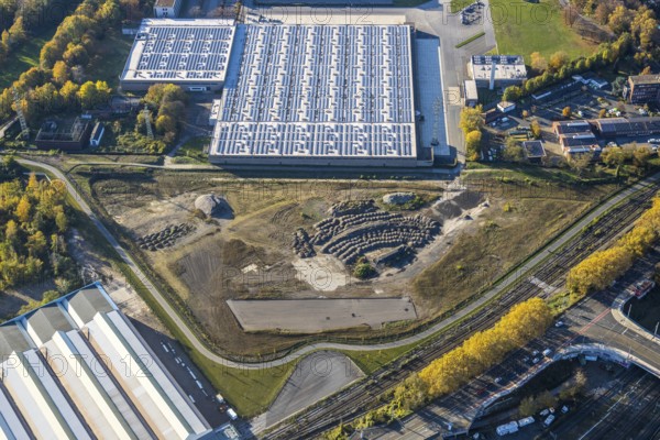 Aerial view, Aldi Süd, open space, construction area, Styrum - Süd, Mülheim an der Ruhr, Ruhr area, North Rhine-Westphalia, Germany, Burgstraße, DE, Europe, commercial enterprises, commercial area, commercial park, commercial location, commercial use, industrial area, industrial building, industrial location, aerial view, aerial photography, aerial photography, photovoltaic, photovoltaic system, solar, solar system, solar energy, solar energy, overview, bird's eye view, birds-eyes view, overview