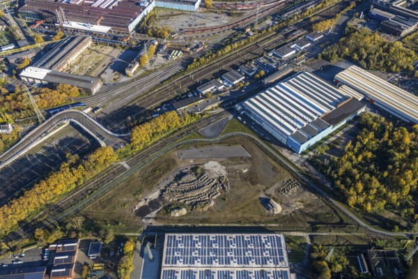 Aerial view, Aldi Süd, open space, construction area, Styrum - Süd, Mülheim an der Ruhr, Ruhr area, North Rhine-Westphalia, Germany, Burgstraße, DE, Europe, commercial enterprises, commercial area, commercial park, commercial location, commercial use, industrial area, industrial building, industrial location, aerial view, aerial photography, aerial photography, photovoltaic, photovoltaic system, solar, solar system, solar energy, solar energy, overview, bird's eye view, birds-eyes view, overview