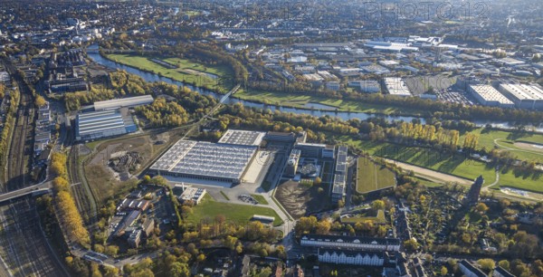 Aerial view, Aldi Süd, open space, construction area, river Ruhr, Styrum - Süd, Mülheim an der Ruhr, Ruhr area, North Rhine-Westphalia, Germany, Burgstraße, DE, Europe, commercial enterprises, commercial area, commercial park, commercial location, commercial use, industrial area, industrial building, industrial location, aerial view, aerial photography, aerial photography, photovoltaic, photovoltaic plant, solar, solar plant, solar energy, solar energy, overview, bird's eye view, birds-eyes view, overview