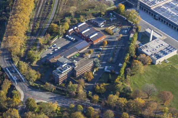 Aerial view, medl gas supply company, Styrum - South, Mülheim an der Ruhr, Ruhr area, North Rhine-Westphalia, Germany, Burgstraße, DE, Europe, commercial enterprises, commercial area, commercial park, commercial location, commercial use, industrial area, industrial building, industrial location, aerial photograph, aerial photography, aerial photography, photovoltaics, photovoltaic system, solar, solar system, solar energy, solar energy, overview, bird's eye view, birds-eyes view, overview