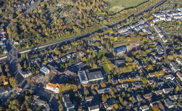 Aerial view, sports field Von-der-Tann-Straße, new sports park Styrum with park of the Feldmann Foundation, construction site new building, Styrum, Mülheim an der Ruhr, Ruhr area, North Rhine-Westphalia, Germany, DE, Europe, aerial view, aerial photography, aerial photography, photovoltaics, photovoltaic system, solar, solar system, solar energy, solar energy, sports, sports facilities, sports park Styrum, sports field, sports facility, overview, bird's-eye view, bird's-eye view, overview