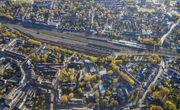 Aerial view, railway tracks, Mülheim Ruhr Styrum station, Styrum, Mülheim an der Ruhr, Ruhr area, North Rhine-Westphalia, Germany, railway tracks, station, DE, Deutsche Bahn AG, Europe, main station, aerial view, aerial photography, aerial photography, S-Bahn, overview, bird's-eye view, overview
