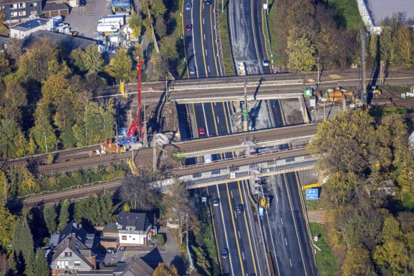 Aerial view, construction site, railway bridges after tanker fire, motorway A40, Styrum, Mülheim an der Ruhr, Ruhr area, North Rhine-Westphalia, Germany, construction work, construction area, construction site, construction crane, construction measure, bridge, DE, railway bridge, renovation, Europe, aerial view, aerial photography, aerial photography, aerial photography, renovation, closure, overview, tanker accident, bird's eye view, birds-eyes view, overview