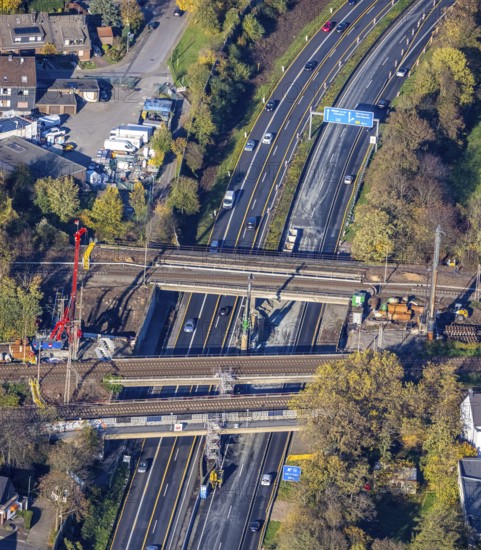 Aerial view, construction site, railway bridges after tanker fire, motorway A40, Styrum, Mülheim an der Ruhr, Ruhr area, North Rhine-Westphalia, Germany, construction work, construction area, construction site, construction crane, construction measure, bridge, DE, railway bridge, renovation, Europe, aerial view, aerial photography, aerial photography, aerial photography, renovation, closure, overview, tanker accident, bird's eye view, birds-eyes view, overview