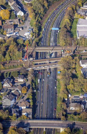 Aerial view, construction site, railway bridges after tanker fire, motorway A40, Styrum, Mülheim an der Ruhr, Ruhr area, North Rhine-Westphalia, Germany, construction work, construction area, construction site, construction crane, construction measure, bridge, DE, railway bridge, renovation, Europe, aerial view, aerial photography, aerial photography, aerial photography, renovation, closure, overview, tanker accident, bird's eye view, birds-eyes view, overview