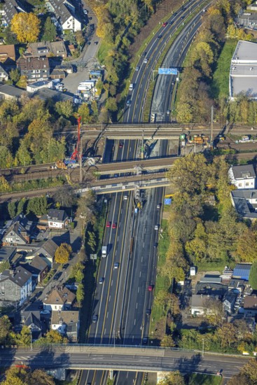 Aerial view, reaparaturation of the railway bridges over the A40 in Mülheim Styrum, Styrum - South, Mülheim an der Ruhr, Ruhr area, North Rhine-Westphalia, Germany, DE, Europe, birds-eyes view, aerial photography, aerial photography, overview, bird's eye view