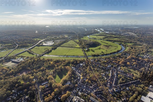 Aerial view, Ruhrbogen Fluss Ruhr, city triangle DU - OB - MH, Ruhrtalradweg, landfill with wind turbine, Speldorf - Nordwest, Mülheim an der Ruhr, Ruhr area, North Rhine-Westphalia, Germany, bathing resort, railway tracks, DE, railway bridge, Europe, distant view, outdoor swimming pool, leisure, slag heap, aerial view, aerial photography, aerial photography, natural swimming pool Mülheim an der Ruhr, swimming pool, overview, bird's eye view, birds-eyes view, overview