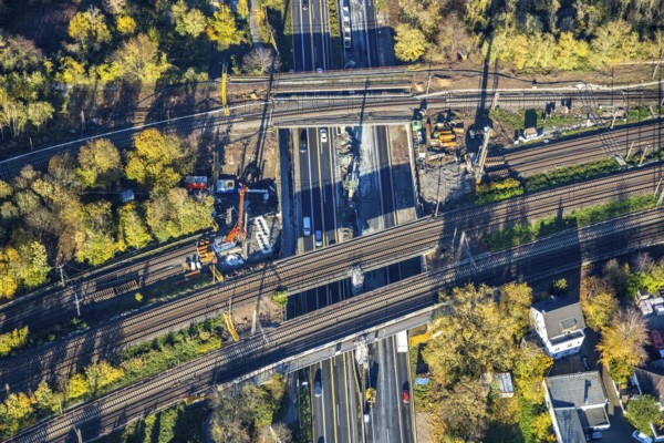Aerial view, construction site, railway bridges after tanker fire, motorway A40, Styrum, Mülheim an der Ruhr, Ruhr area, North Rhine-Westphalia, Germany, construction work, construction area, construction site, construction crane, construction measure, bridge, DE, railway bridge, renovation, Europe, aerial view, aerial photography, aerial photography, aerial photography, renovation, closure, overview, tanker accident, bird's eye view, birds-eyes view, overview