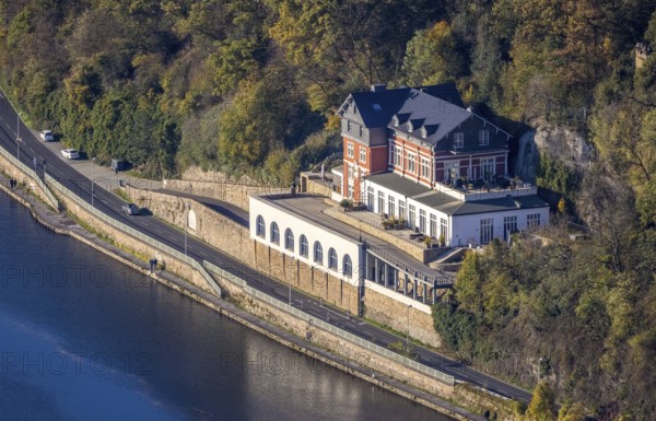 Aerial view, residential building, former youth hostel at Kahlenberg, river Ruhr, Mendener Straße, Holthausen - West, Mülheim an der Ruhr, Ruhr area, North Rhine-Westphalia, Germany, DE, Europe, property tax, real estate, towpath, aerial view, aerial photography, aerial photography, Ruhr bank, overview, bird's eye view, residential complex, living and life, residential buildings, quality of life, residential neighbourhood, bird's eye view, overview