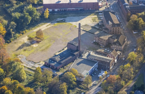Aerial view, construction area former leather factory Lindgens am Kassenberg, Saarn, Mülheim an der Ruhr, Ruhr area, North Rhine-Westphalia, Germany, construction area, construction site, building plots, construction project, DE, Europe, aerial view, aerial photography, aerial photography, overview, bird's-eye view, overview