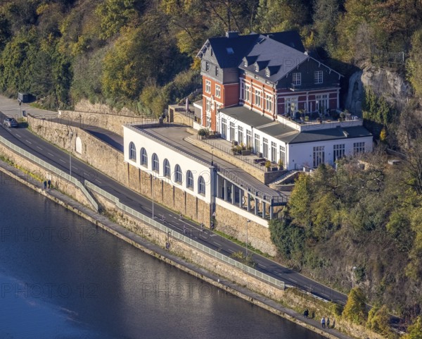 Aerial view, residential building, former youth hostel at Kahlenberg, river Ruhr, Mendener Straße, Holthausen - West, Mülheim an der Ruhr, Ruhr area, North Rhine-Westphalia, Germany, DE, Europe, property tax, real estate, towpath, aerial view, aerial photography, aerial photography, Ruhr bank, overview, bird's eye view, residential complex, living and life, residential buildings, quality of life, residential neighbourhood, bird's eye view, overview