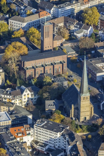 Aerial view, catholic church St. Mariae-Geburt, protestant church Petrikirche, Altstadt I, Mülheim an der Ruhr, Ruhr area, North Rhine-Westphalia, Germany, place of worship, DE, Europe, religious community, place of worship, holy place, church, parish, denomination, aerial view, aerial photography, aerial photography, religion, religious site, overview, bird's-eye view, overview