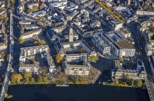 Aerial view, town hall market, town hall, cycle highway, Altstadt I, Mülheim an der Ruhr, Ruhr area, North Rhine-Westphalia, Germany, authority, DE, Europe, autumn colours, aerial view, aerial photography, aerial photography, RS1, cycle path, city administration, registry office, overview, administrative area, bird's eye view, birds-eyes view, overview