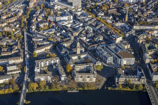 Aerial view, town hall market, town hall, cycle path, Altstadt I, Mülheim an der Ruhr, Ruhr area, North Rhine-Westphalia, Germany, place of worship, authority, DE, Europe, religious community, place of worship, holy place, autumn colours, church, parish, denomination, aerial view, aerial photography, aerial photography, RS1, cycle path, religion, religious site, city administration, registry office, overview, administrative area, bird's-eye view, birds-eyes view, evang. Petrikirche, catholic church St. Mariae-Geburt, overview