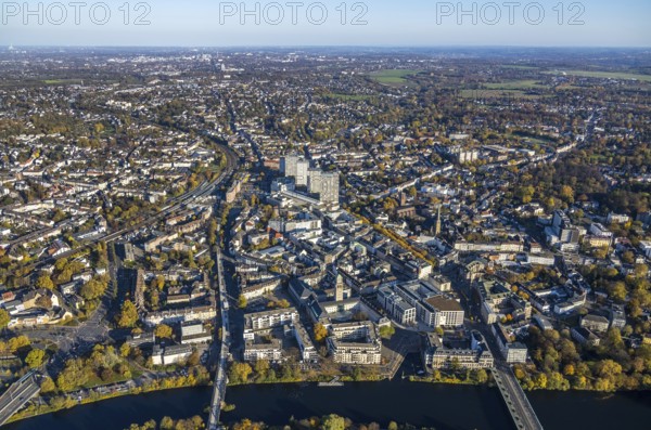 Aerial view, town hall market, town hall, fast cycle path, Dickswall high-rise buildings, Altstadt I, Mülheim an der Ruhr, Ruhr area, North Rhine-Westphalia, Germany, place of worship, authority, DE, Europe, forum high-rise building, religious community, place of worship, sacred site, autumn colours, church, parish, denomination, aerial view, aerial photography, aerial photography, RS1, cycle path, religion, religious site, castle bridge, city administration, registry office, technical town hall, overview, administrative area, bird's-eye view, evang. Petrikirche, catholic church St. Mariae-Geburt, overview