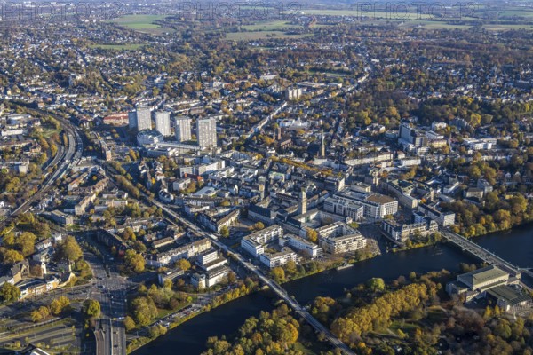 Aerial view, town hall market, town hall, fast cycle path, Dickswall high-rise buildings, Altstadt I, Mülheim an der Ruhr, Ruhr area, North Rhine-Westphalia, Germany, place of worship, authority, DE, Europe, forum high-rise building, religious community, place of worship, sacred site, autumn colours, church, parish, denomination, aerial view, aerial photography, aerial photography, RS1, cycle path, religion, religious site, castle bridge, city administration, registry office, technical town hall, overview, administrative area, bird's-eye view, evang. Petrikirche, catholic church St. Mariae-Geburt, overview