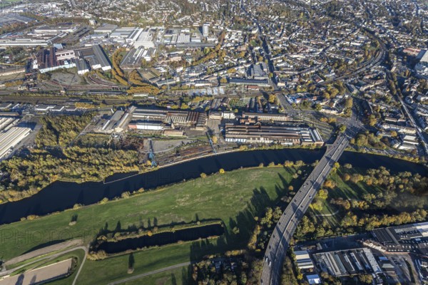Aerial view, Friedrich Wilhelms-Hütte Stahlguss, river Ruhr, Altstadt II, Mülheim an der Ruhr, Ruhr area, North Rhine-Westphalia, Germany, DE, Europe, Friedrich-Ebert-Straße, commercial enterprises, commercial area, commercial park, commercial location, commercial use, industrial area, industrial building, industrial location, aerial view, aerial photography, aerial photography, Stahlgroßhandel Schulte, overview, bird's eye view, birds-eyes view, overview