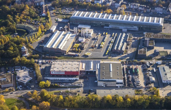 Aerial photograph, Depot Ruhrbahn GmbH, Alte Dreherei, Broich - Ost, Mülheim an der Ruhr, Ruhr area, North Rhine-Westphalia, Germany, DE, Europe, main workshop, aerial photograph, aerial photography, aerial photography, overview, bird's-eye view, overview