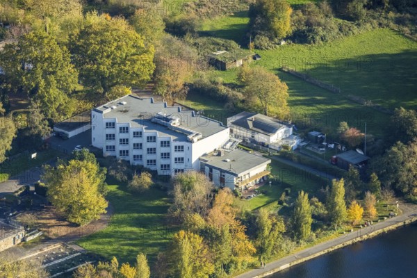 Aerial view, Haus Ruhrblick, river Ruhr, Menden and Ickten, Mülheim an der Ruhr, Ruhr area, North Rhine-Westphalia, Germany, retirement home, nursing home, care and nursing, DE, Europe, aerial view, aerial photography, aerial photography, care facility, retirement home, retirement residence, retirement home, senior centre, overview, bird's eye view, birds-eyes view, overview
