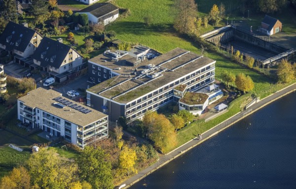 Aerial view, Haus Ruhrgarten, Mendener Straße, river Ruhr, Menden and Ickten, Mülheim an der Ruhr, Ruhr area, North Rhine-Westphalia, Germany, retirement home, nursing home, care and nursing, DE, Europe, towpath, aerial view, aerial photography, aerial photography, care facility, retirement home, retirement residence, retirement home, senior centre, overview, bird's eye view, birds-eyes view, overview