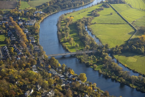 Aerial view, Ruhrstrand, Saarner Ruhraue, river Ruhr, Mülheim Mendener Brücke, Saarn, Mülheim an der Ruhr, Ruhr area, North Rhine-Westphalia, Germany, bridge, DE, Europe, aerial view, aerial photography, aerial photography, local recreation area, park, overview, bird's-eye view, overview