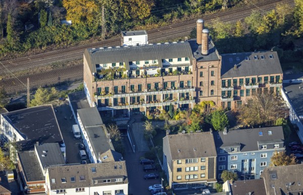 Aerial view, Exclusive condominiums in the Alte Malzfabrik residential park, Cycle highway, Altstadt I - Südost, Mülheim an der Ruhr, Ruhr area, North Rhine-Westphalia, Germany, DE, Europe, property tax, real estate, aerial view, aerial photography, aerial photography, towers, overview, bird's-eye view, residential complex, living and living, residential buildings, quality of life, residential neighbourhood, bird's-eye view, overview
