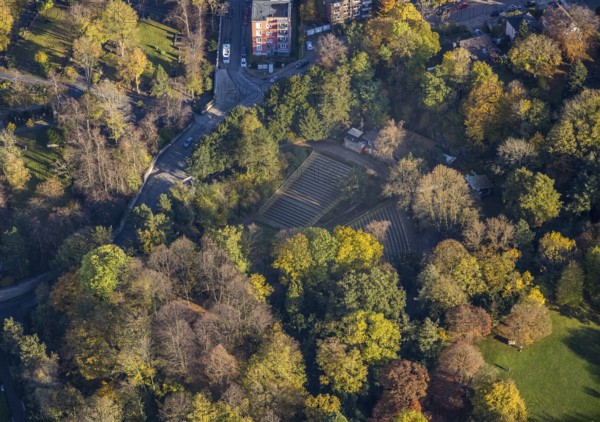 Aerial view, open-air stage Mülheim, Altstadt I - Südwest, Mülheim an der Ruhr, Ruhr area, North Rhine-Westphalia, Germany, amphitheatre, DE, Europe, green trees, autumn colours, culture, art, aerial photography, aerial photography, aerial photography, park, overview, events, venue, event location, bird's-eye view, forest area, birds-eyes view, cultural use, overview