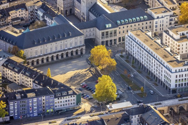 Aerial view, town hall market, town hall, cycle highway, Altstadt I, Mülheim an der Ruhr, Ruhr area, North Rhine-Westphalia, Germany, authority, DE, Europe, autumn colours, aerial view, aerial photography, aerial photography, RS1, cycle path, city administration, registry office, overview, administrative area, bird's eye view, birds-eyes view, overview
