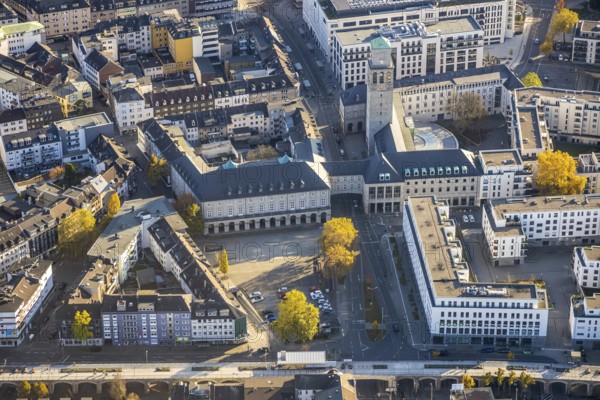 Aerial view, town hall market, town hall, cycle highway, Altstadt I, Mülheim an der Ruhr, Ruhr area, North Rhine-Westphalia, Germany, authority, DE, Europe, autumn colours, aerial view, aerial photography, aerial photography, RS1, cycle path, city administration, registry office, overview, administrative area, bird's eye view, birds-eyes view, overview