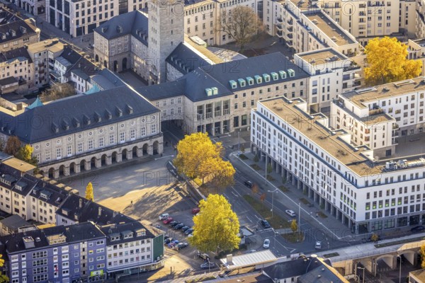 Aerial view, town hall market, town hall, cycle highway, Altstadt I, Mülheim an der Ruhr, Ruhr area, North Rhine-Westphalia, Germany, authority, DE, Europe, autumn colours, aerial view, aerial photography, aerial photography, RS1, cycle path, city administration, registry office, overview, administrative area, bird's eye view, birds-eyes view, overview