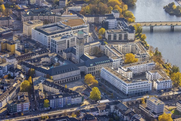 Aerial view, town hall market, town hall, cycle highway, Altstadt I, Mülheim an der Ruhr, Ruhr area, North Rhine-Westphalia, Germany, authority, DE, Europe, autumn colours, aerial view, aerial photography, aerial photography, RS1, cycle path, StadtQuartier Schlossstraße shopping centre, city administration, registry office, overview, administrative area, bird's-eye view, overview