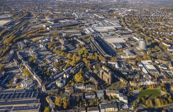 Aerial view, cath. Church Sankt Engelbert, Sankt Engelbertus-Stift, Siemens factory premises, Altstadt II, Mülheim an der Ruhr, Ruhr area, North Rhine-Westphalia, Germany, retirement home, old people's home, retirement home, place of worship, care and nursing, DE, Engelbertusstraße, Europe, distant view, religious community, house of God, holy place, church, parish, denomination, aerial view, aerial photography, aerial photography, care facility, religion, religious site, round building Siemens, retirement home, retirement residence, retirement home, retirement centre, overview, bird's-eye view, bird's-eye view, overview