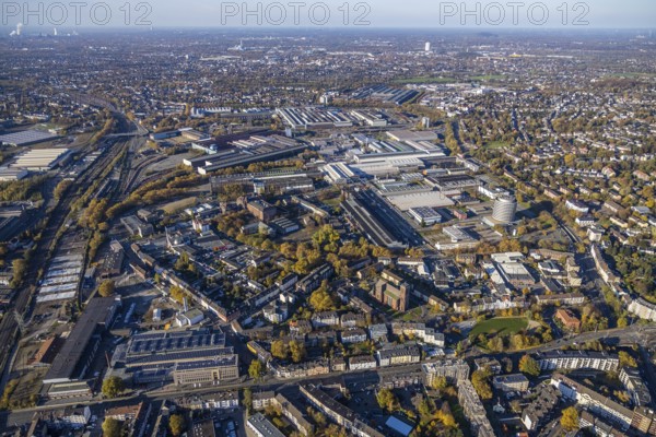 Aerial view, cath. Church Sankt Engelbert, Sankt Engelbertus-Stift, Siemens factory premises, Altstadt II, Mülheim an der Ruhr, Ruhr area, North Rhine-Westphalia, Germany, retirement home, old people's home, retirement home, place of worship, care and nursing, DE, Engelbertusstraße, Europe, distant view, religious community, house of God, holy place, church, parish, denomination, aerial view, aerial photography, aerial photography, care facility, religion, religious site, round building Siemens, retirement home, retirement residence, retirement home, retirement centre, overview, bird's-eye view, bird's-eye view, overview