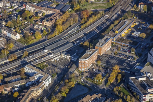 Aerial view, development area around the main post office, main station, Altstadt I - Südost, Mülheim an der Ruhr, Ruhr area, North Rhine-Westphalia, Germany, railway tracks, railway station, station forecourt, DE, Deutsche Bahn AG, Europe, main station, aerial view, aerial photography, aerial photography, overview, bird's-eye view, overview