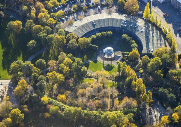Aerial view, Ringlokschuppen, Park am Schloss Broich, Broich - Ost, Mülheim an der Ruhr, Ruhr area, North Rhine-Westphalia, Germany, DE, Darlington Park, Europe, green trees, main workshop, autumn colours, culture, art, aerial photography, aerial photography, aerial photography, theatre, overview, events, venue, event location, bird's eye view, old railway depot, birds-eyes view, cultural use, overview