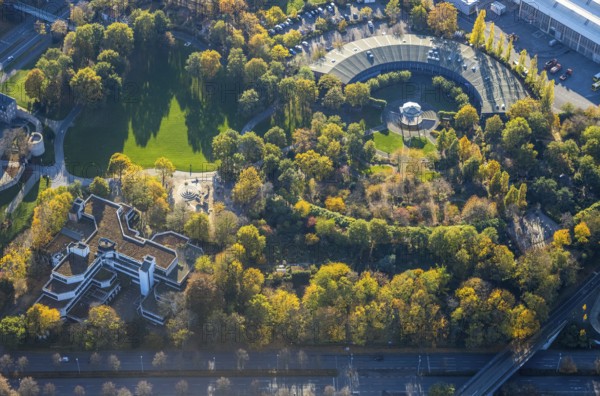Aerial view, Ringlokschuppen, Park am Schloss Broich, Broich - Ost, Mülheim an der Ruhr, Ruhr area, North Rhine-Westphalia, Germany, DE, Darlington Park, Europe, green trees, main workshop, autumn colours, culture, art, aerial photography, aerial photography, aerial photography, theatre, overview, events, venue, event location, bird's eye view, old railway depot, birds-eyes view, cultural use, overview