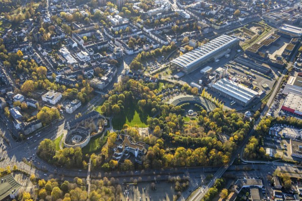 Aerial photography, Depot Ruhrbahn GmbH, Alte Dreherei, fire brigade, roundhouse, Park am Schloss Broich, Broich - Ost, Mülheim an der Ruhr, Ruhr area, North Rhine-Westphalia, Germany, fire fighter, fire protection, fire watch, castle, castle complex, DE, Darlington Park, Europe, fire station, green trees, main workshop, autumn colours, culture, art, aerial view, aerial photography, aerial photography, rescue station, castle, castle grounds, castle park, theatre, overview, events, venue, event location, bird's-eye view, old railway depot, birds-eyes view, cultural use, overview