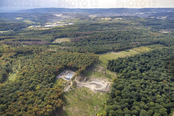 Aerial view, construction site new elevated tank Waldemei, Menden, Sauerland, Märkischer Kreis, North Rhine-Westphalia, Germany, construction work, construction area, construction site, construction project, construction site, DE, Europe, distant view, aerial view, aerial photography, aerial photography, new construction, Stadtwerke Menden, overview, bird's eye view, forest area, elevated water tank, birds-eyes view, cleared forest areas, overview