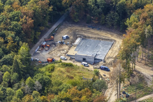 Aerial view, construction site of new elevated tank Waldemei, Menden, Sauerland, Märkischer Kreis, North Rhine-Westphalia, Germany, construction work, construction area, construction site, construction project, construction site, DE, Europe, aerial view, aerial photography, aerial photography, new construction, Stadtwerke Menden, overview, bird's eye view, forest area, elevated water tank, birds-eyes view, cleared forest areas, overview