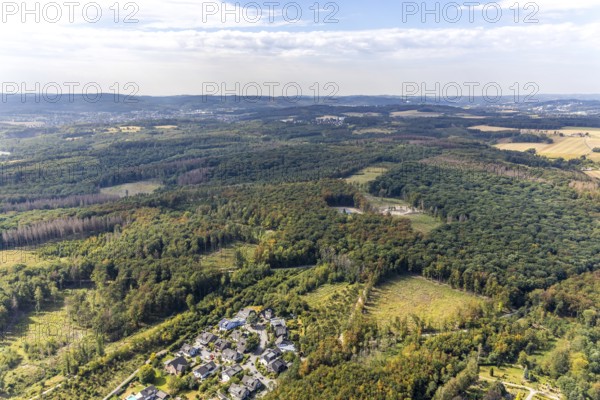 Aerial view, construction site new elevated tank Waldemei, Menden, Sauerland, Märkischer Kreis, North Rhine-Westphalia, Germany, construction work, construction area, construction site, construction project, construction site, DE, Europe, distant view, aerial view, aerial photography, aerial photography, new construction, Stadtwerke Menden, overview, bird's eye view, forest area, elevated water tank, birds-eyes view, cleared forest areas, overview