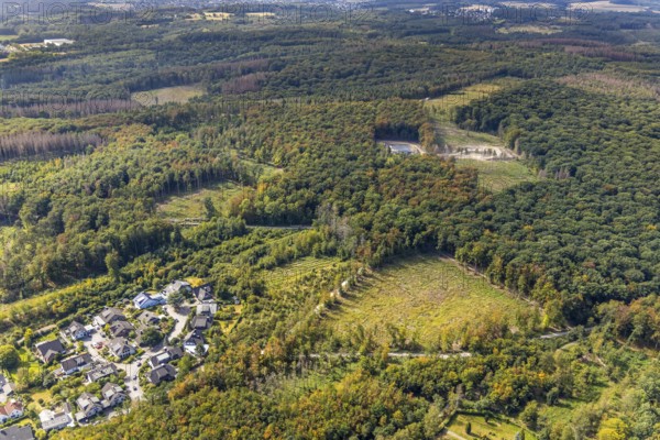 Aerial view, construction site of new elevated tank Waldemei, Menden, Sauerland, Märkischer Kreis, North Rhine-Westphalia, Germany, construction work, construction area, construction site, construction project, construction site, DE, Europe, aerial view, aerial photography, aerial photography, new construction, Stadtwerke Menden, overview, bird's eye view, forest area, elevated water tank, birds-eyes view, cleared forest areas, overview